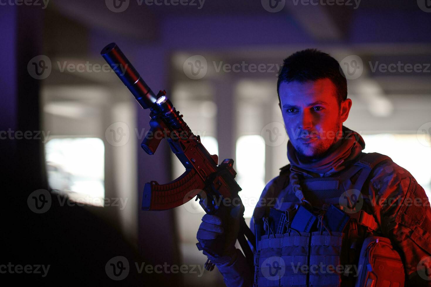 modern warfare soldier in urban environment photo