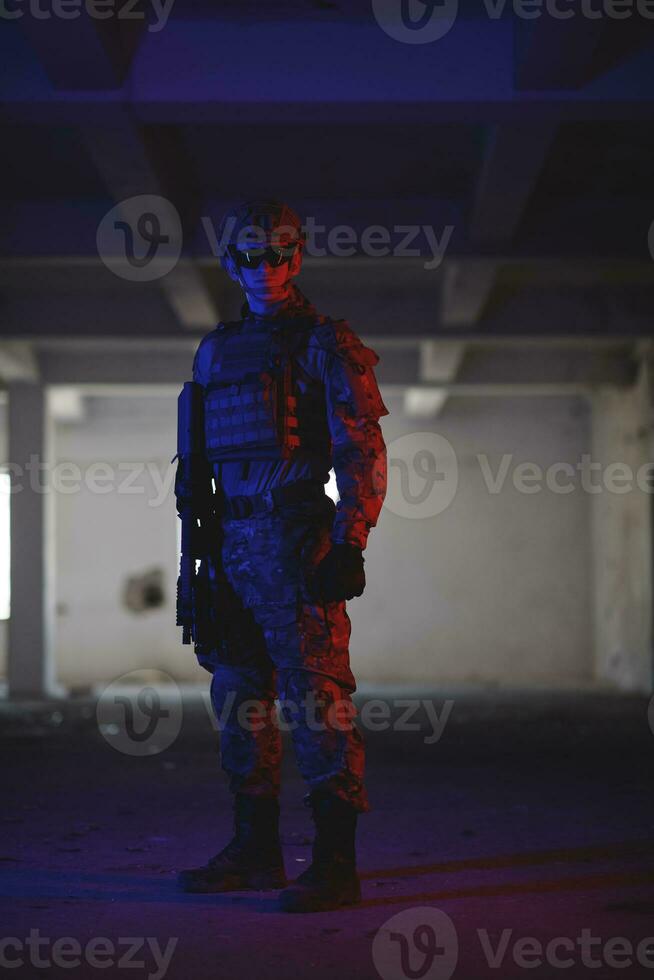 modern warfare soldier in urban environment photo