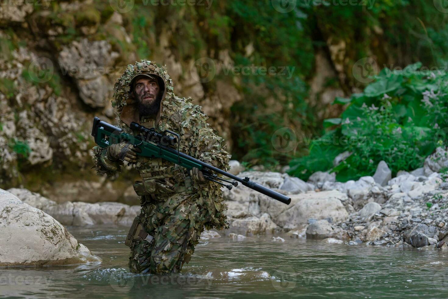 Sniper in Camouflaged Suit with Rifle Stock Image - Image of