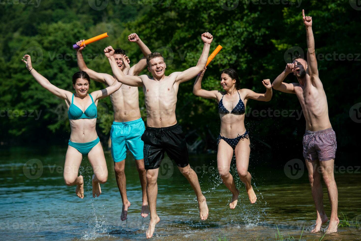 summer joy friends having fun on river photo