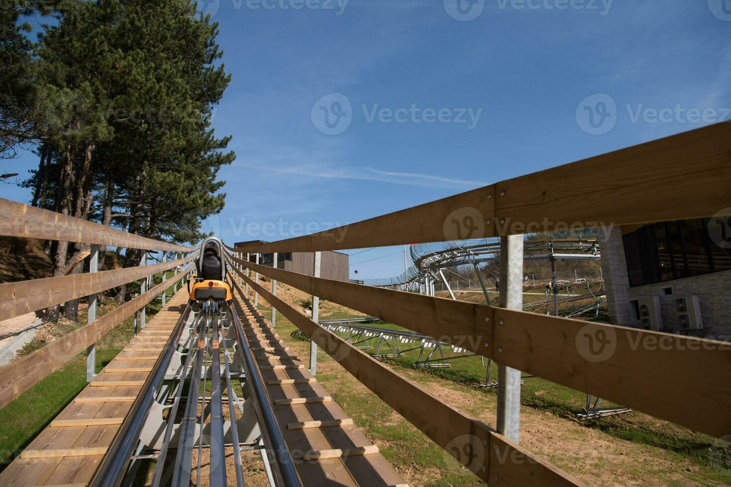 mother and son enjoys driving on alpine coaster photo