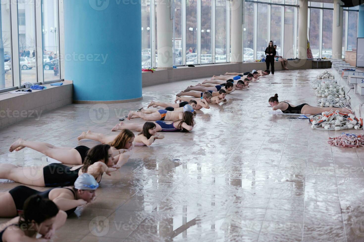 happy children group  at swimming pool photo