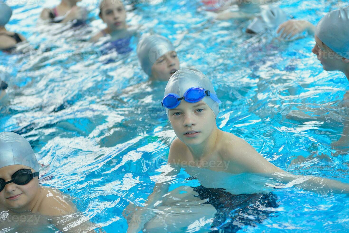 children group  at swimming pool photo