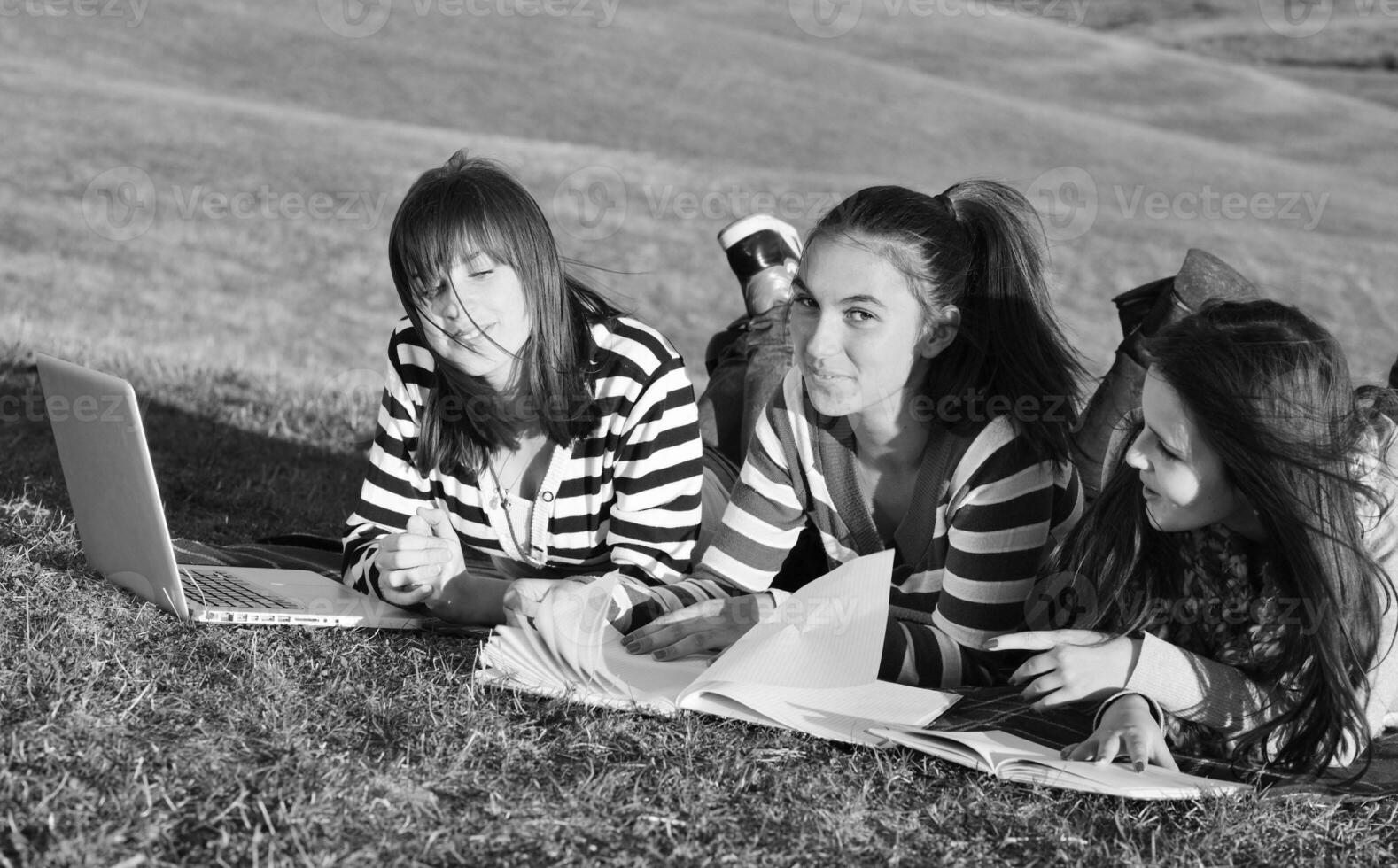 grupo de adolescentes trabajando en una laptop al aire libre foto