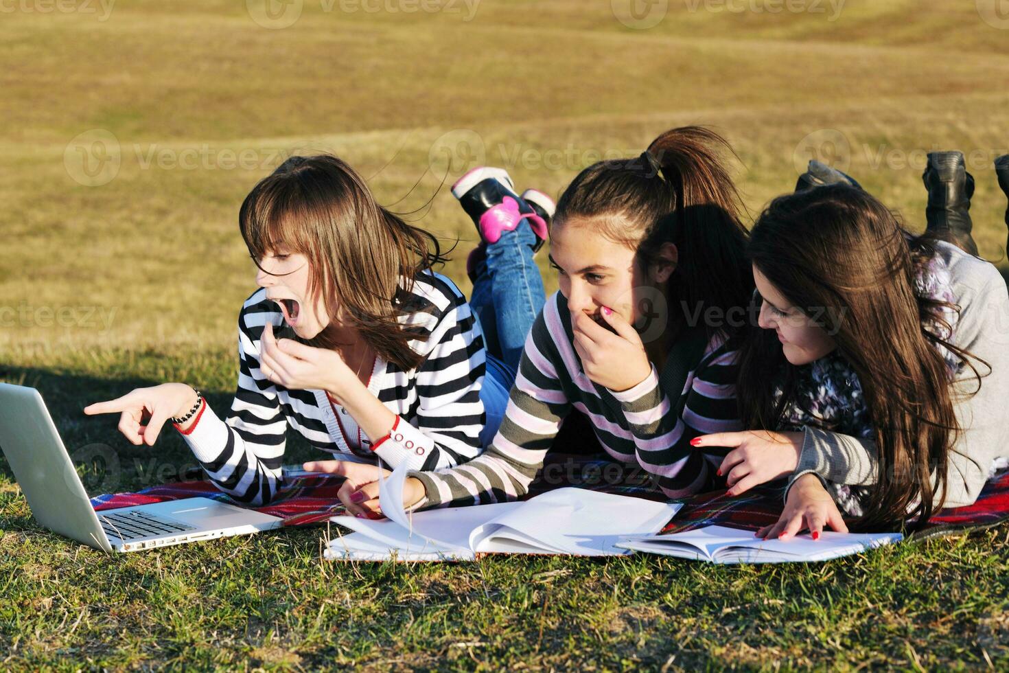 group of teens working on laptop outdoor photo