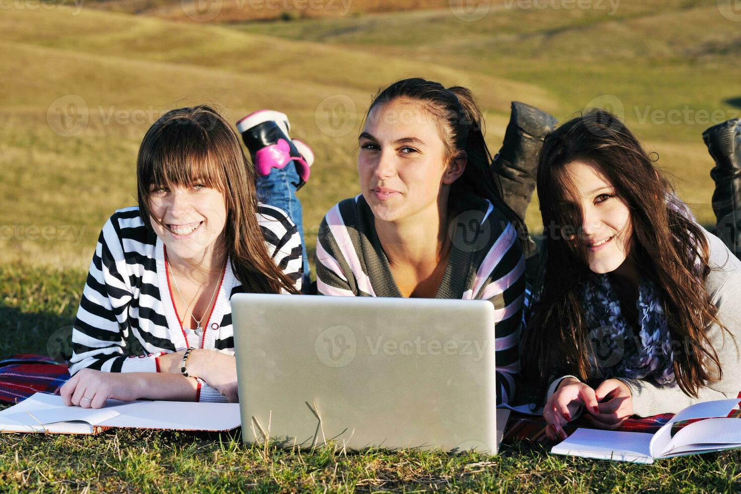 grupo de adolescentes trabajando en una laptop al aire libre foto