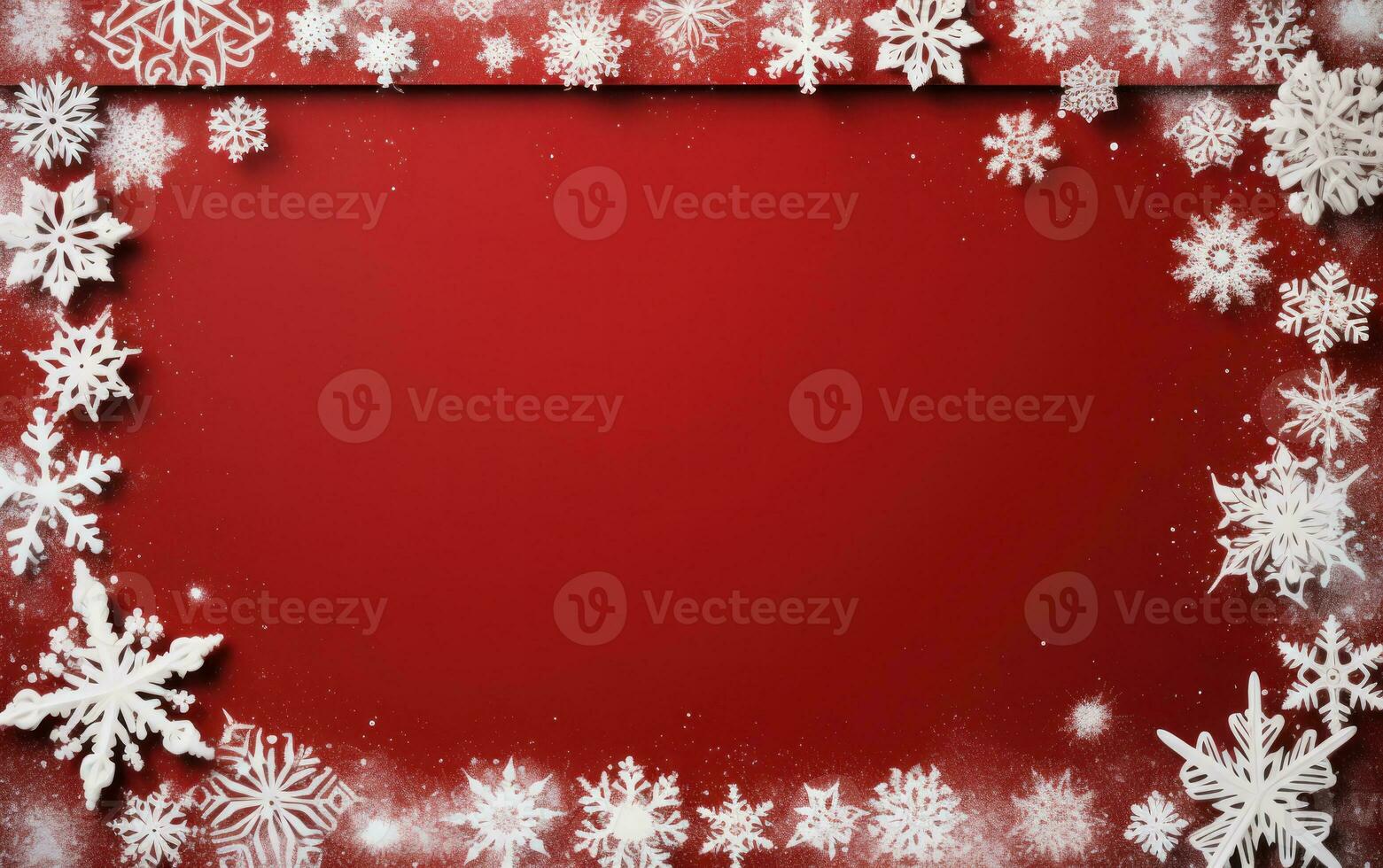 Red Christmas background with white snowflakes and frame with free space for your wishes. Merry Christmas holiday card photo