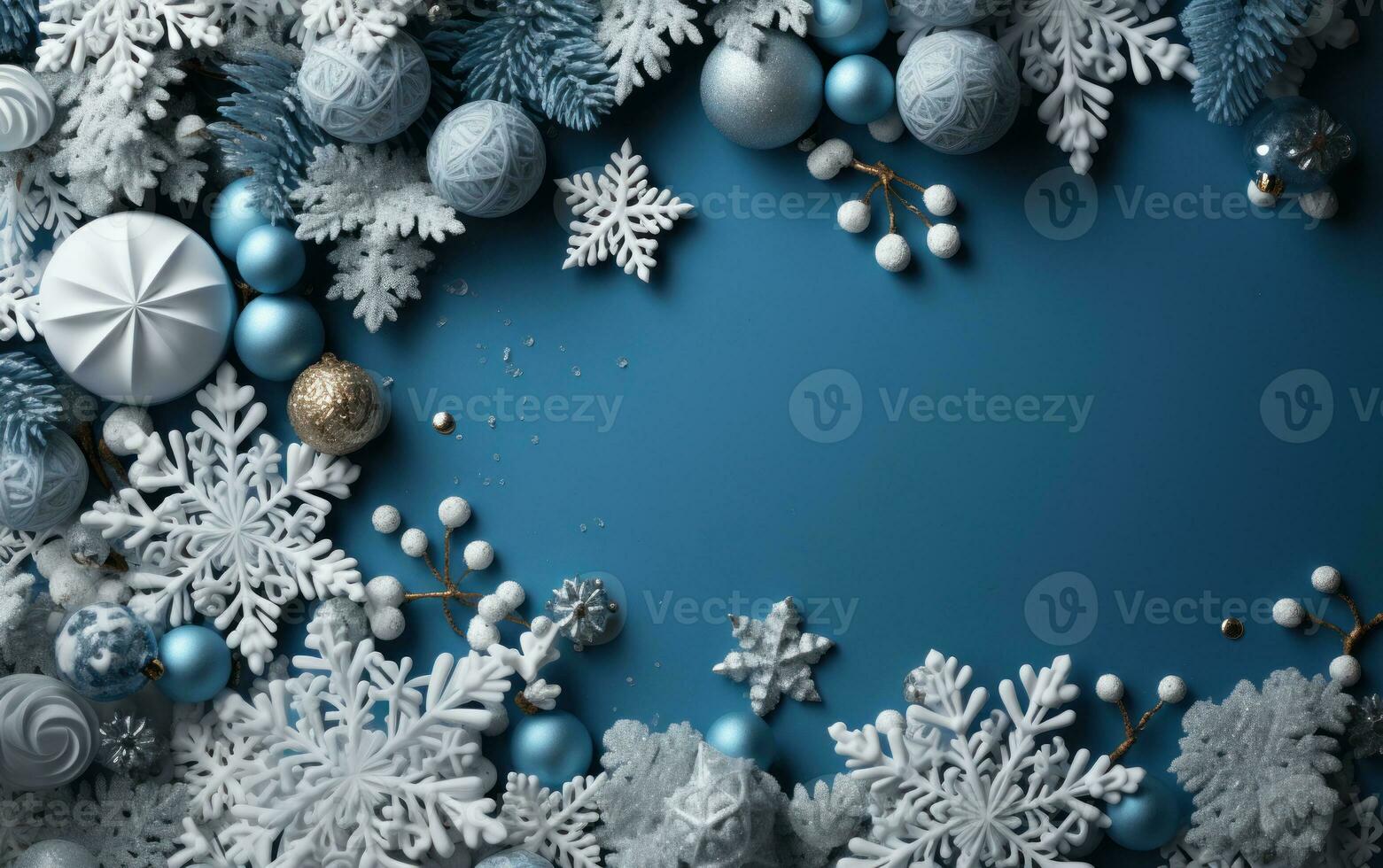Abstract Christmas holiday frame. Cold Blue winter background with snowflakes and snow. Celebrate greeting card photo