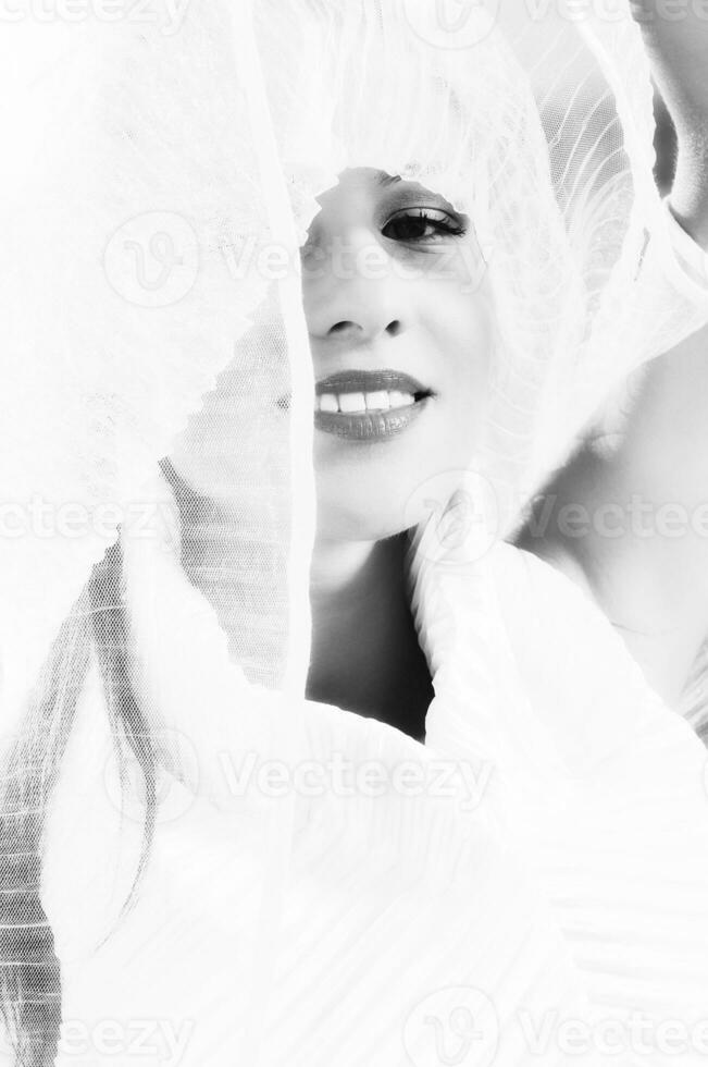 Beautiful bride outdoors in black and white photo