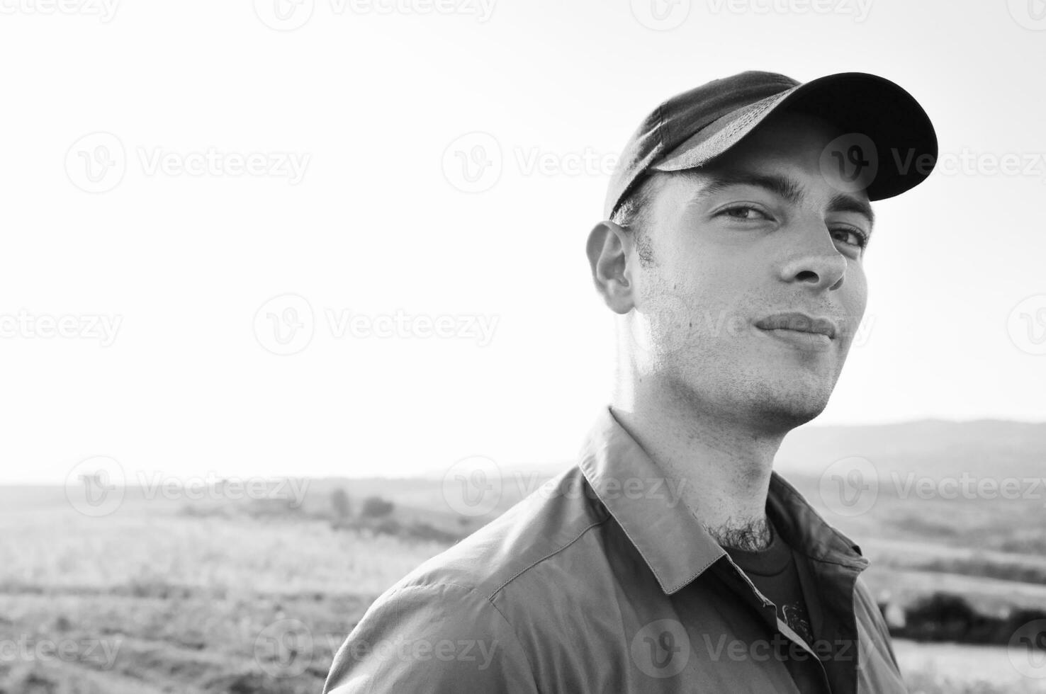 Man outdoors in black and white photo