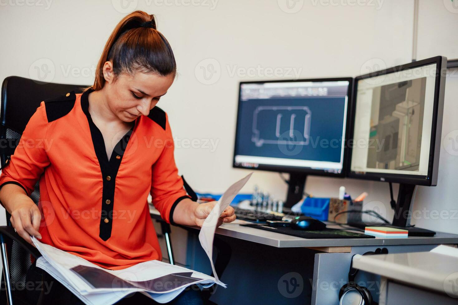 Within the heavy industry, a factory industrial engineer measures with a caliper and on a personal computer Designs a 3D model photo