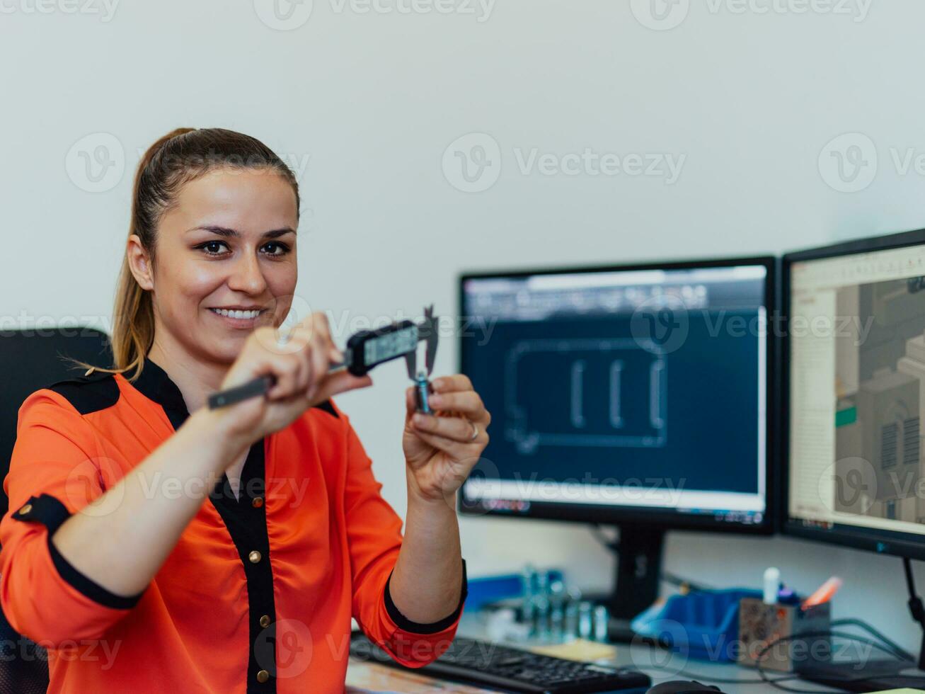 dentro de la industria pesada, un ingeniero industrial de fábrica mide con un calibrador y en una computadora personal diseña un modelo 3d foto