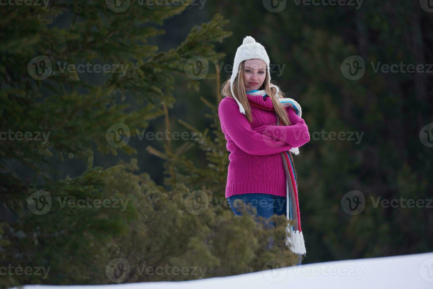 portrait of beautiful young redhair woman in snow scenery photo