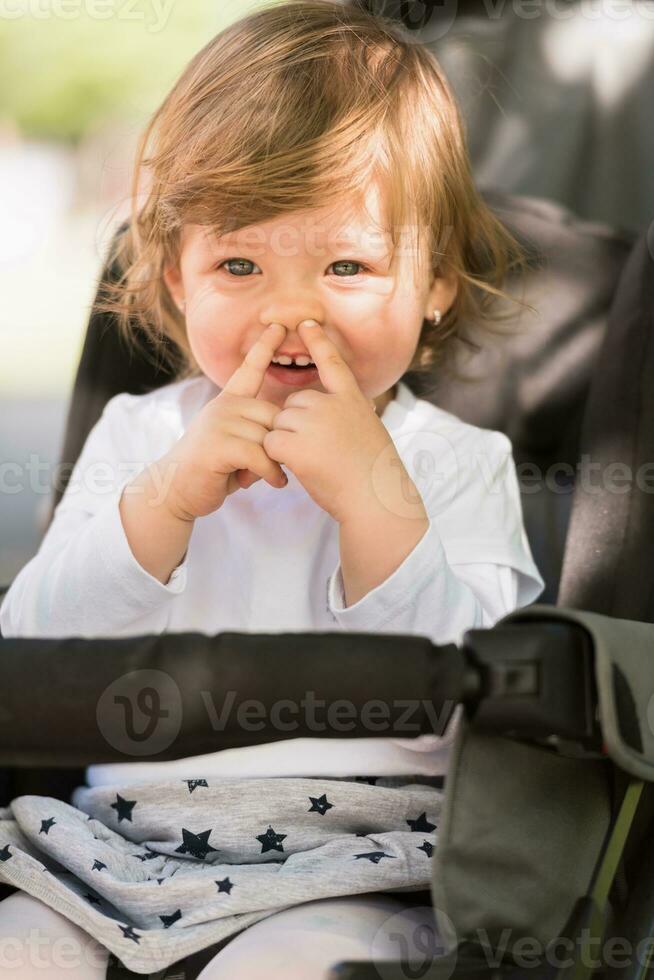 baby girl sitting in the pram photo