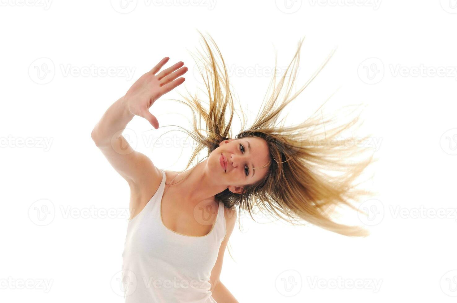 party woman isolated with wind in hair photo