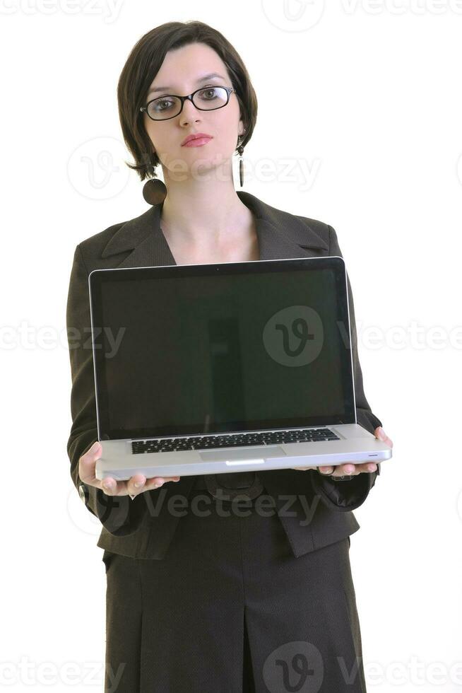 business woman working on laptop isolated on white photo