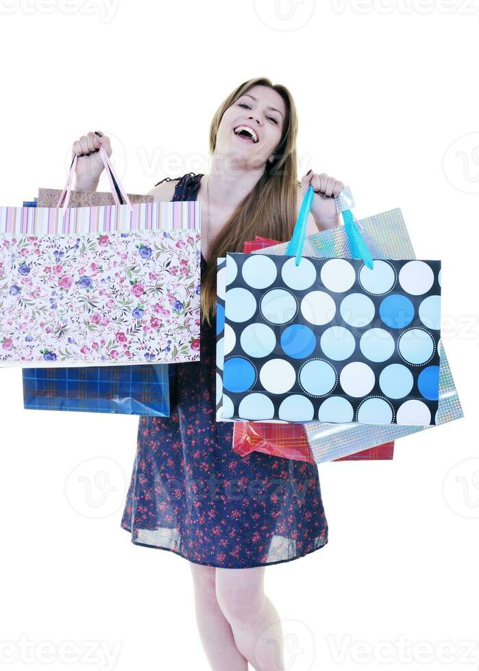 mujeres adultas jóvenes felices comprando con bolsas de colores foto