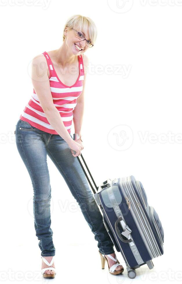 mujer con bolsa de viaje foto