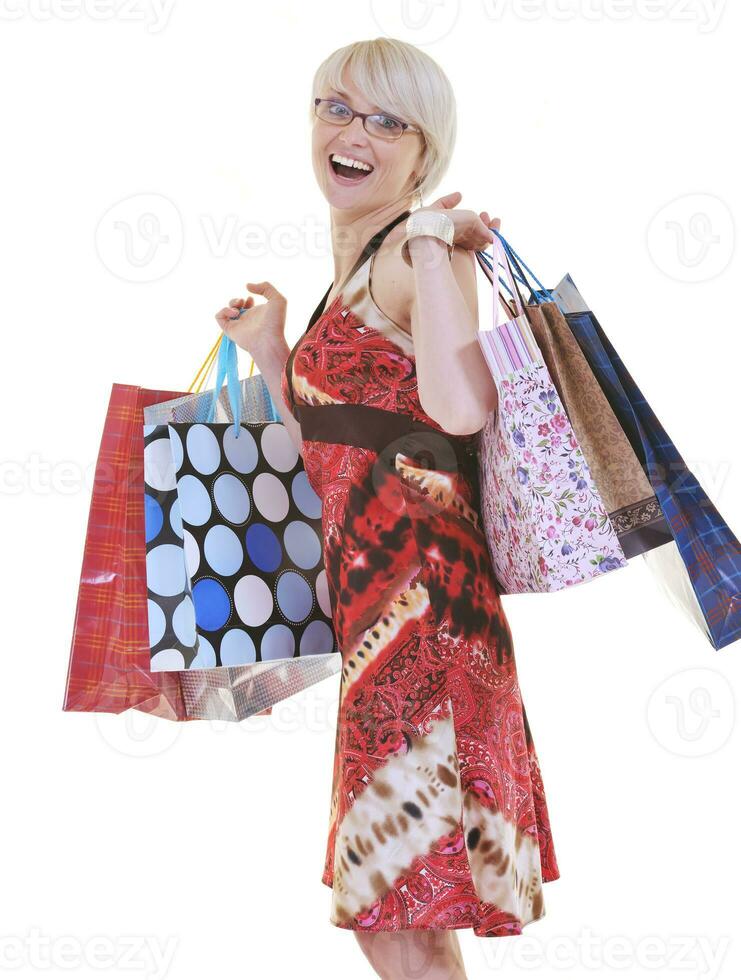 happy young adult women  shopping with colored bags photo