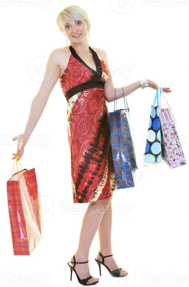 happy young adult women  shopping with colored bags photo