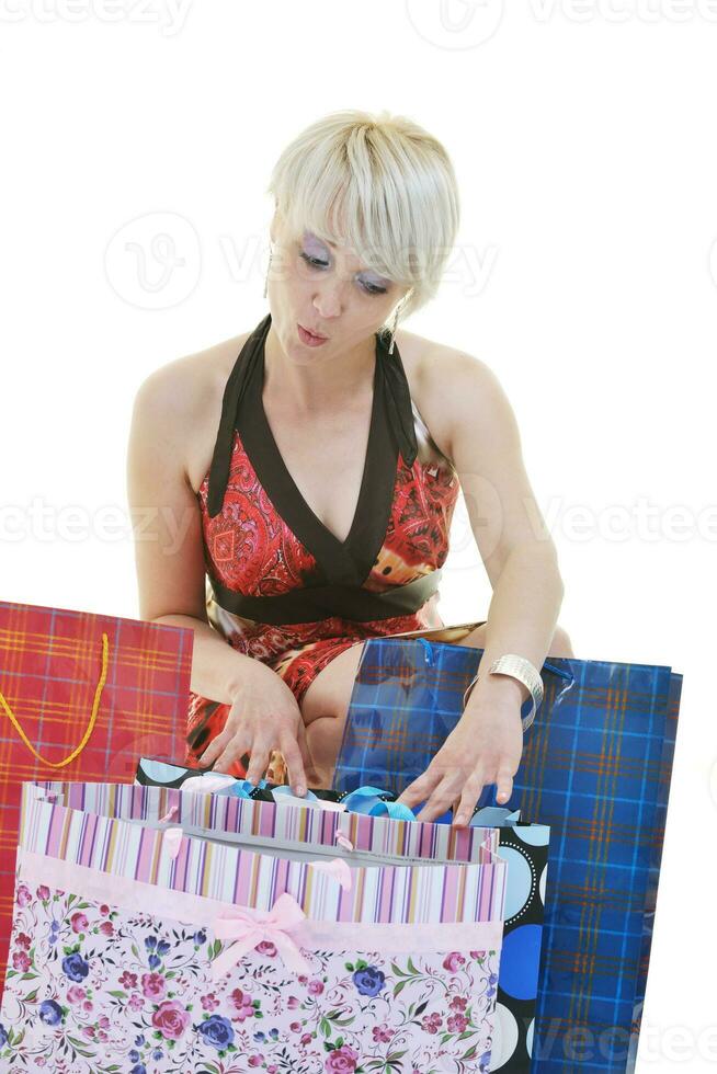 happy young adult women  shopping with colored bags photo