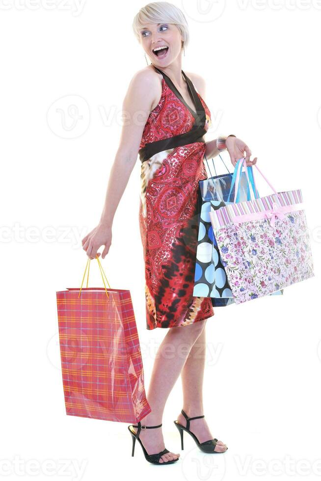 happy young adult women  shopping with colored bags photo