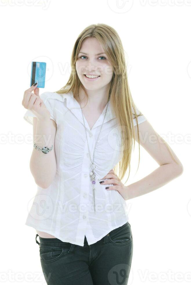 young woman hold credit card photo