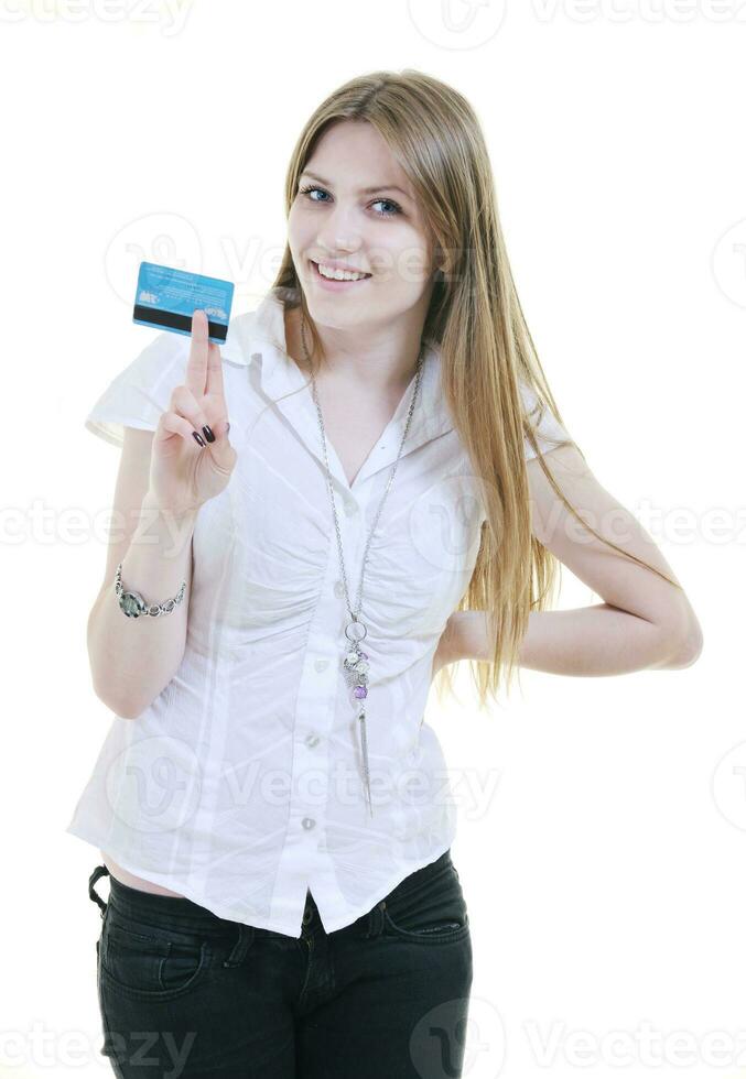 young woman hold credit card photo