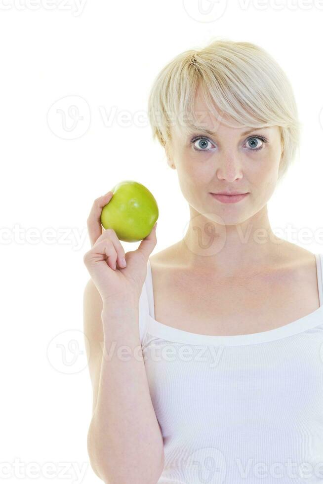 happy  young  woman eat green apple isolated  on white photo