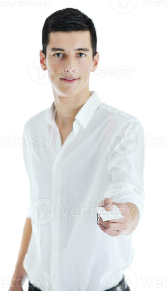 young businessman with empty white card photo