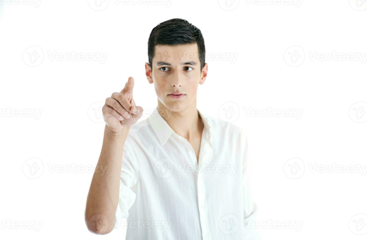 businessman touching futuristic screen photo