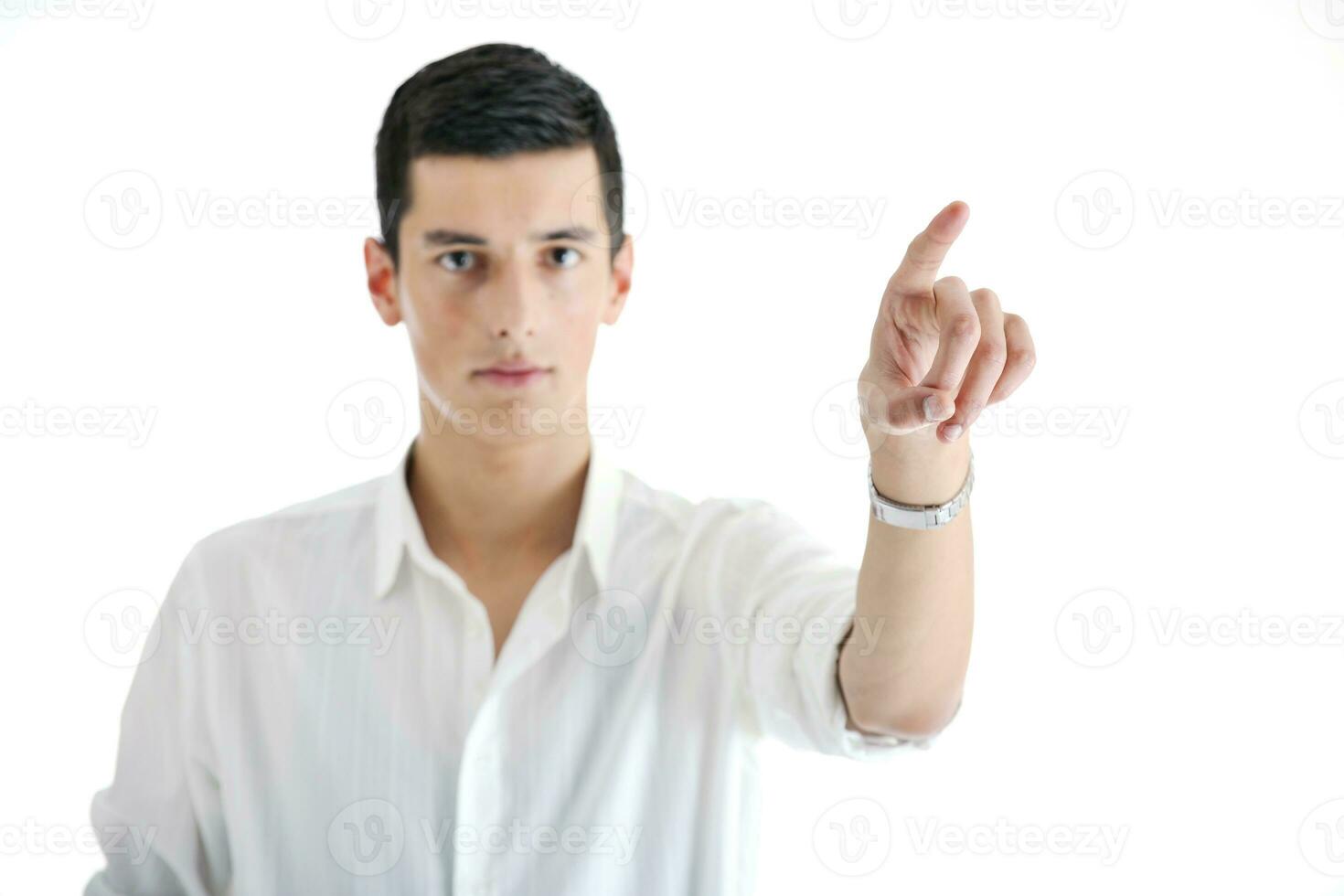 businessman touching futuristic screen photo