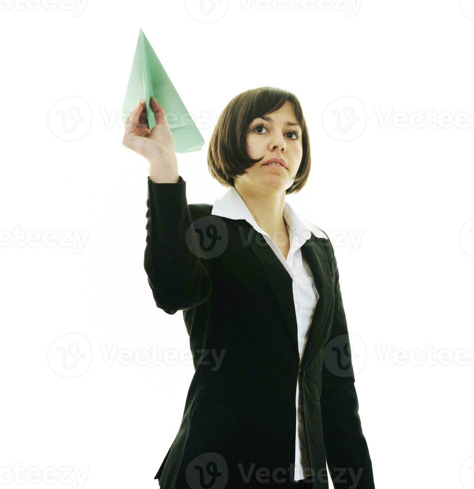 business woman throwing  paper airplane photo