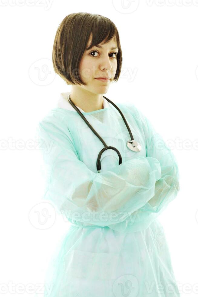 happy nurse with stethoscope  isolated on white photo