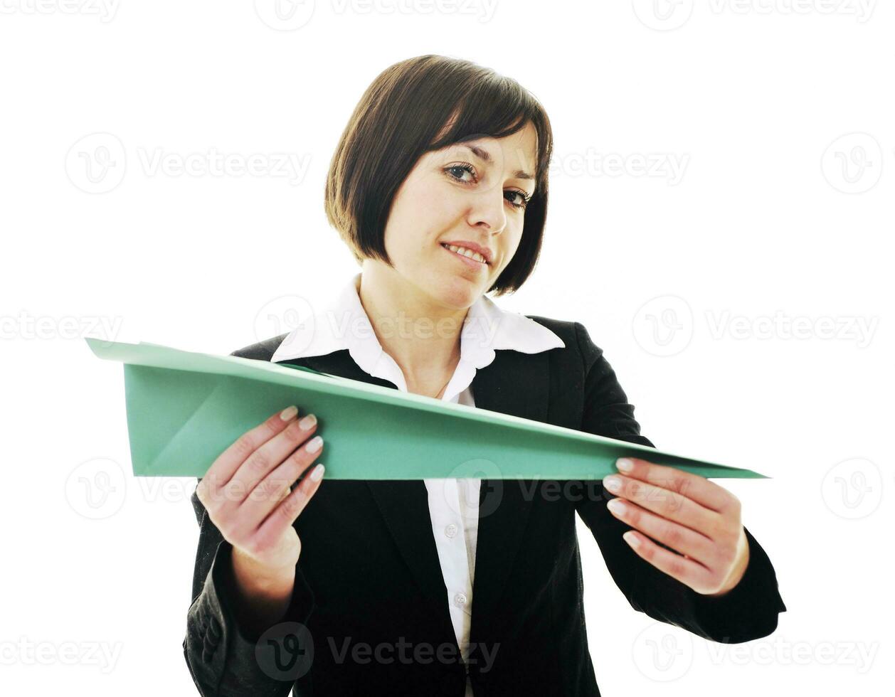 business woman throwing  paper airplane photo