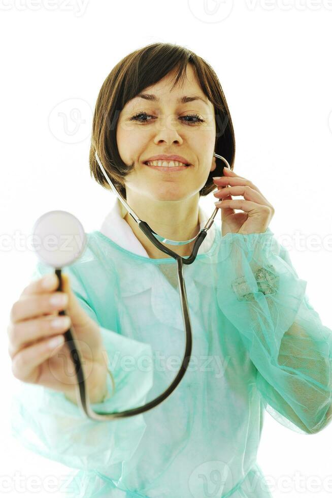 happy nurse with stethoscope  isolated on white photo