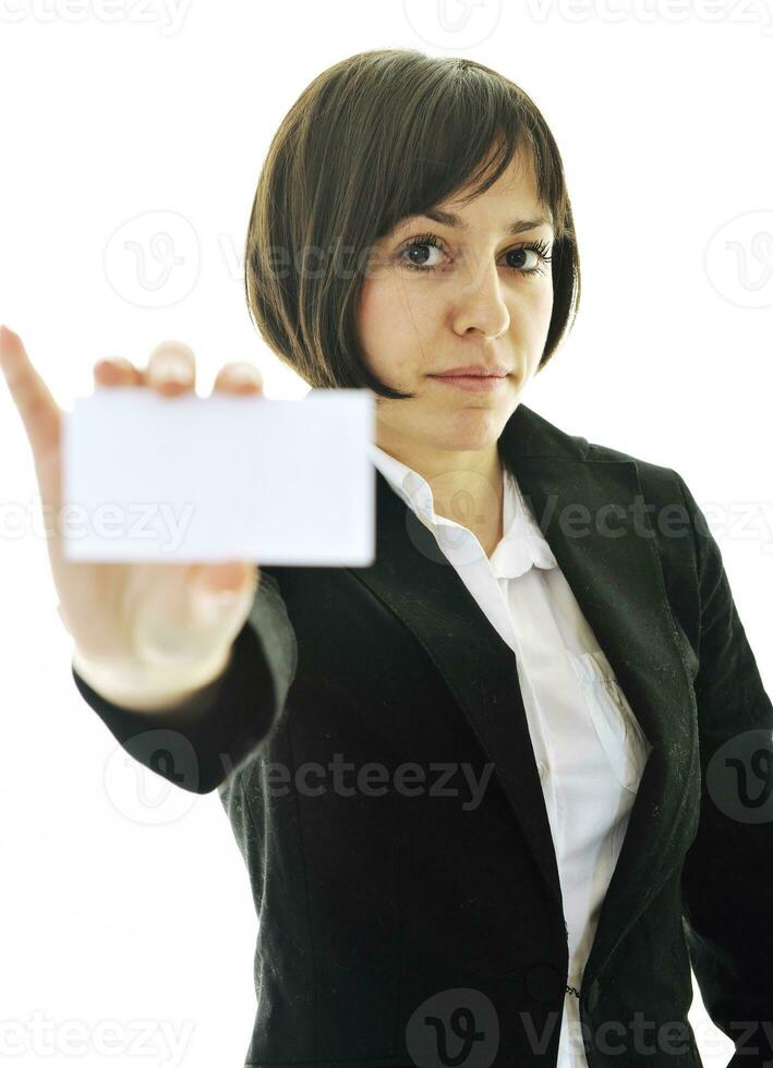 young business  woman displaying empty business card photo