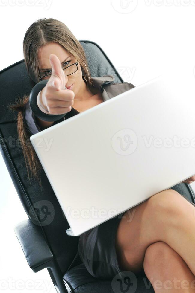 business woman with laptop isolated on white photo