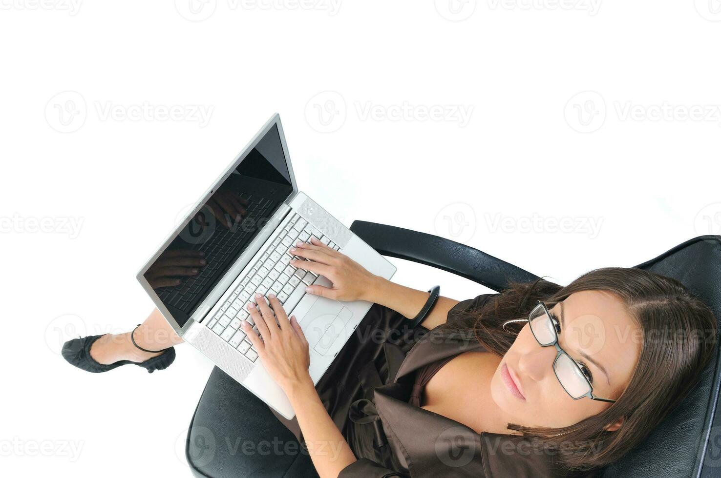 business woman with laptop isolated on white photo