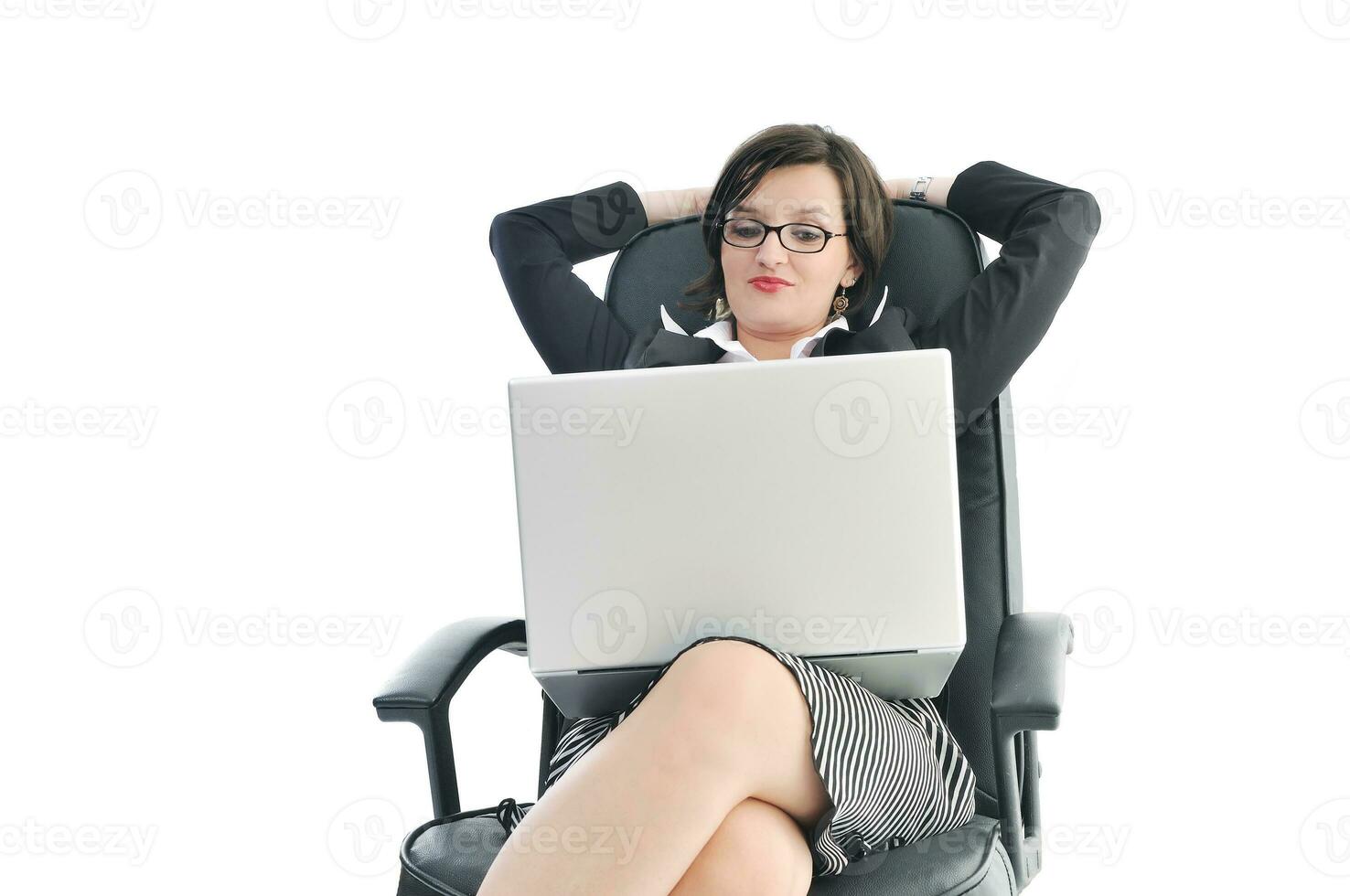 business woman with laptop isolated on white photo