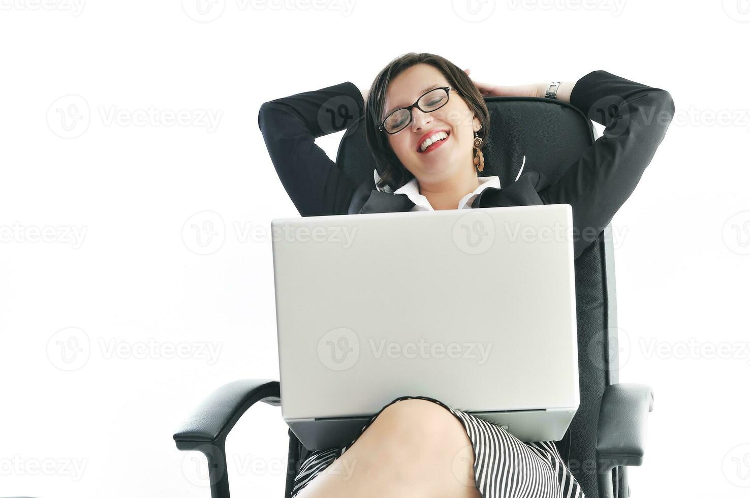 business woman with laptop isolated on white photo