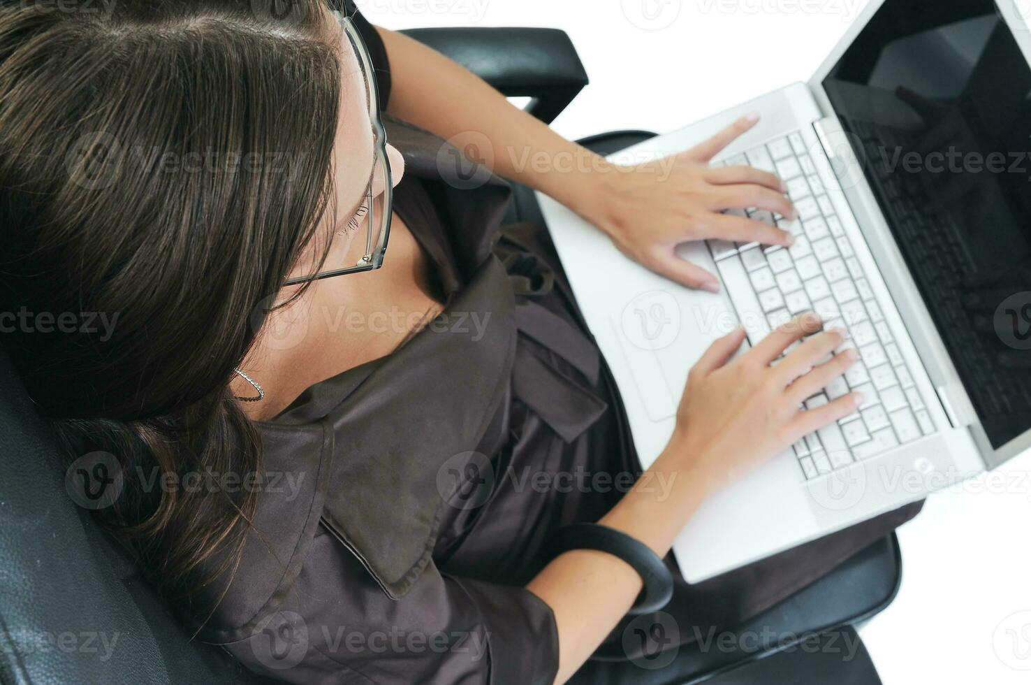 business woman with laptop isolated on white photo