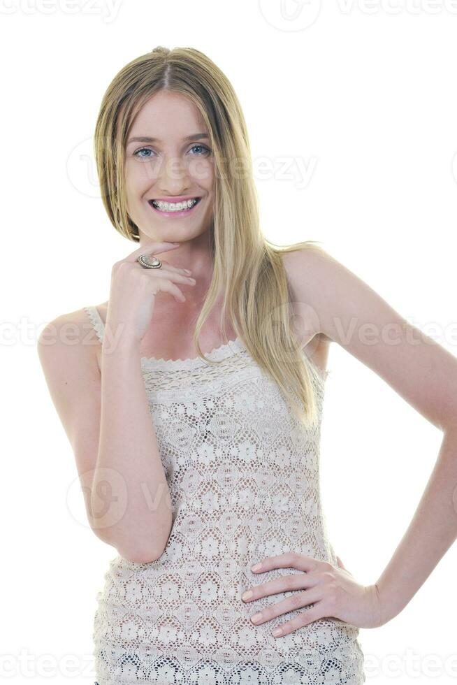 blonde  female  model posing isolated on white background photo