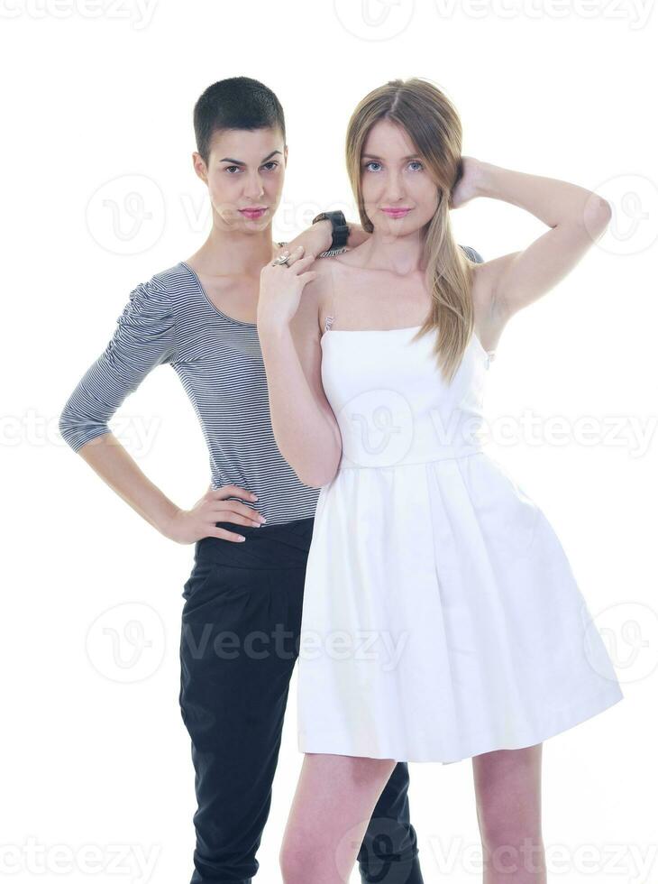 two happy girl's portrait isolated on white background photo
