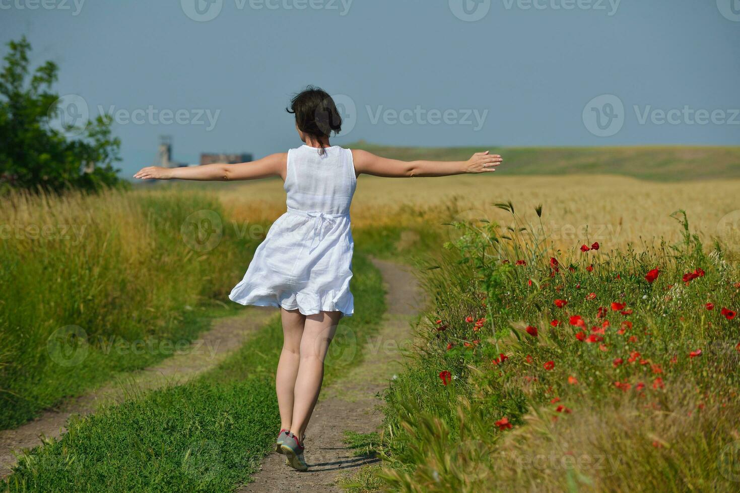 mujer joven en campo de trigo en verano foto