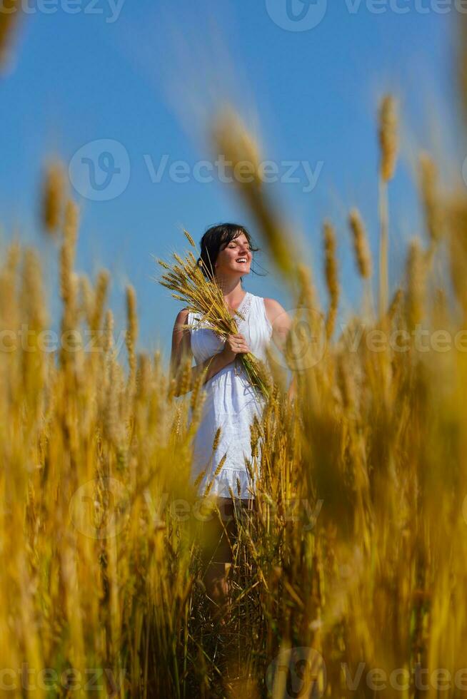 mujer joven en campo de trigo en verano foto