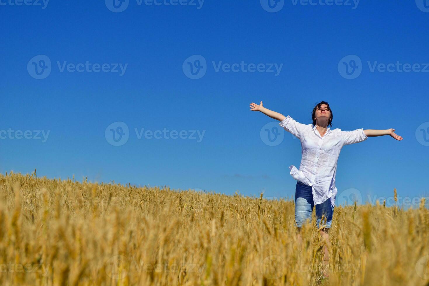young woman in wheat field at summer photo