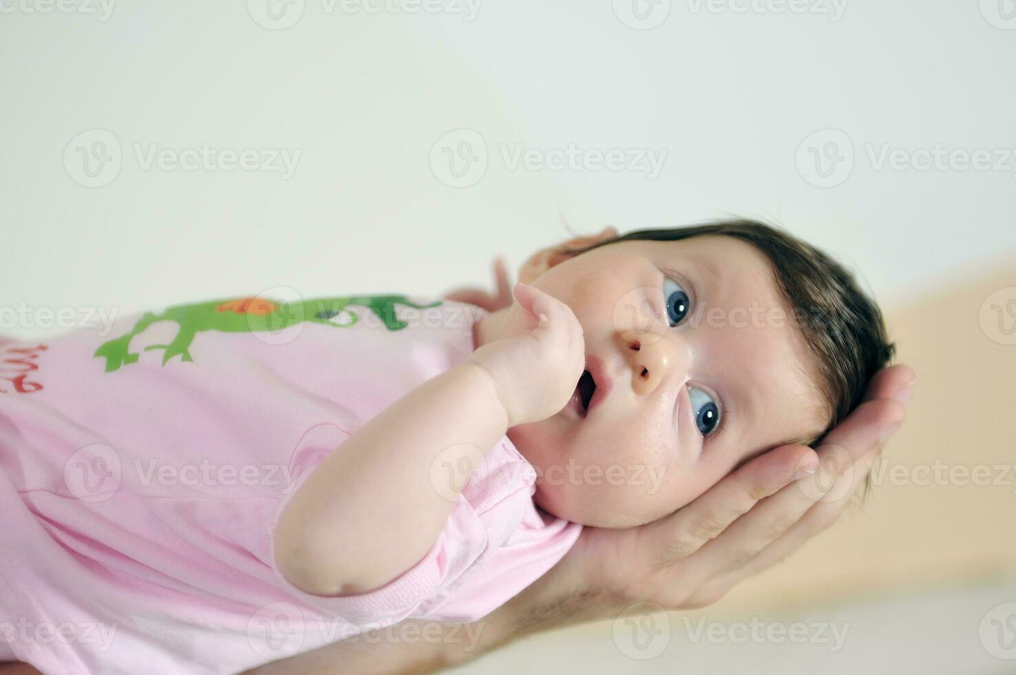 indoor portrait with happy young famil and  cute little babby photo