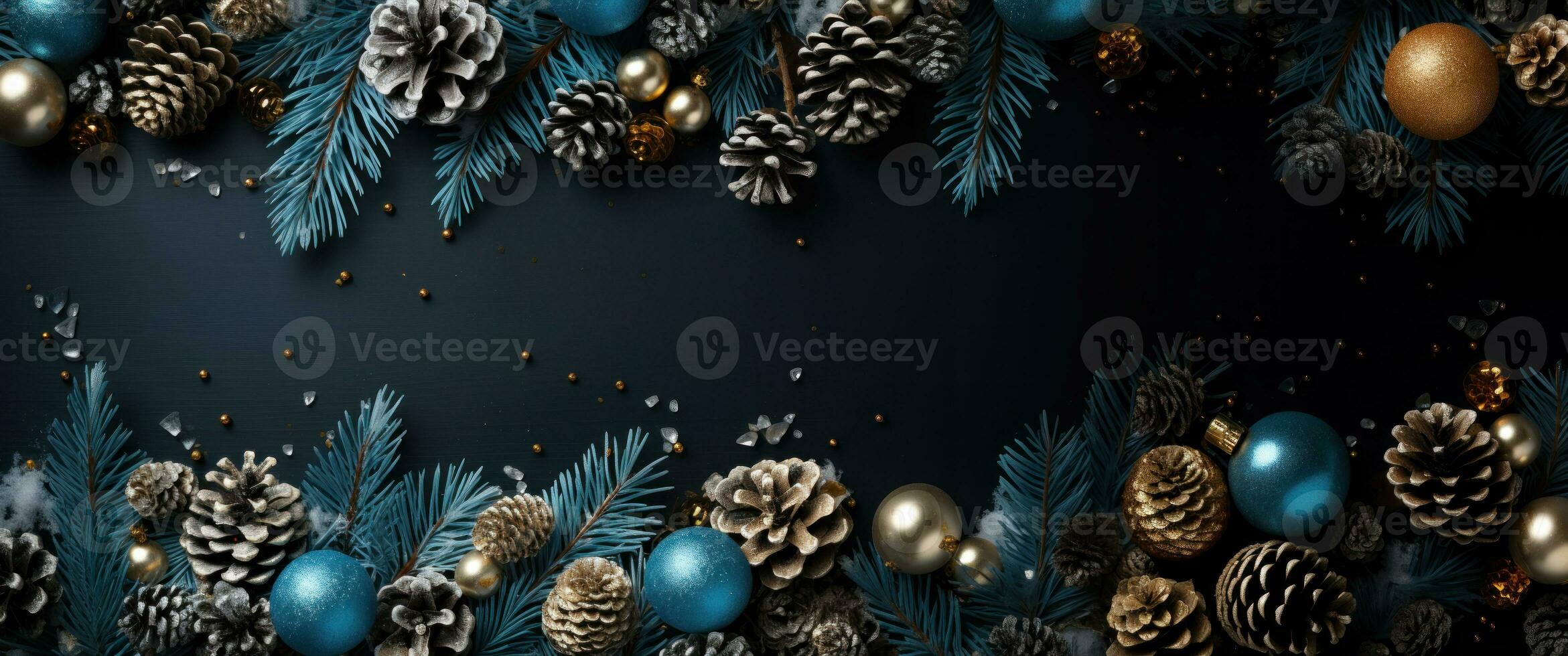 Blue Christmas celebrate greeting background with free space for your wishes. Merry Christmas banner with pine cones, twigs and shiny balls. Mockup template photo