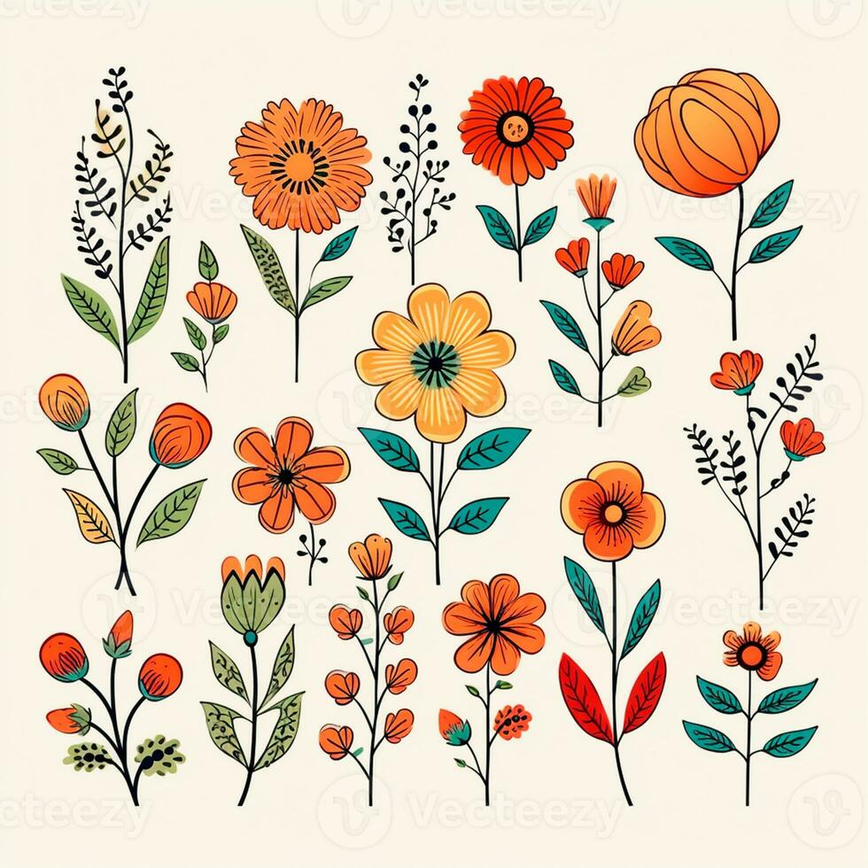 Color drawings of flowers and plants, hand drawings photo